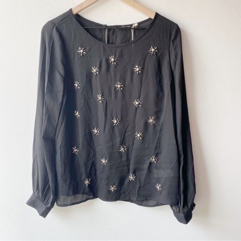 doe & rae black semi sheer embellished blouse